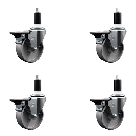 Service Caster 4'' Semi Steel Swivel 1-3/8'' Expanding Stem Caster Set with Brake, 4PK SCC-EX20S414-SSS-PLB-138-4